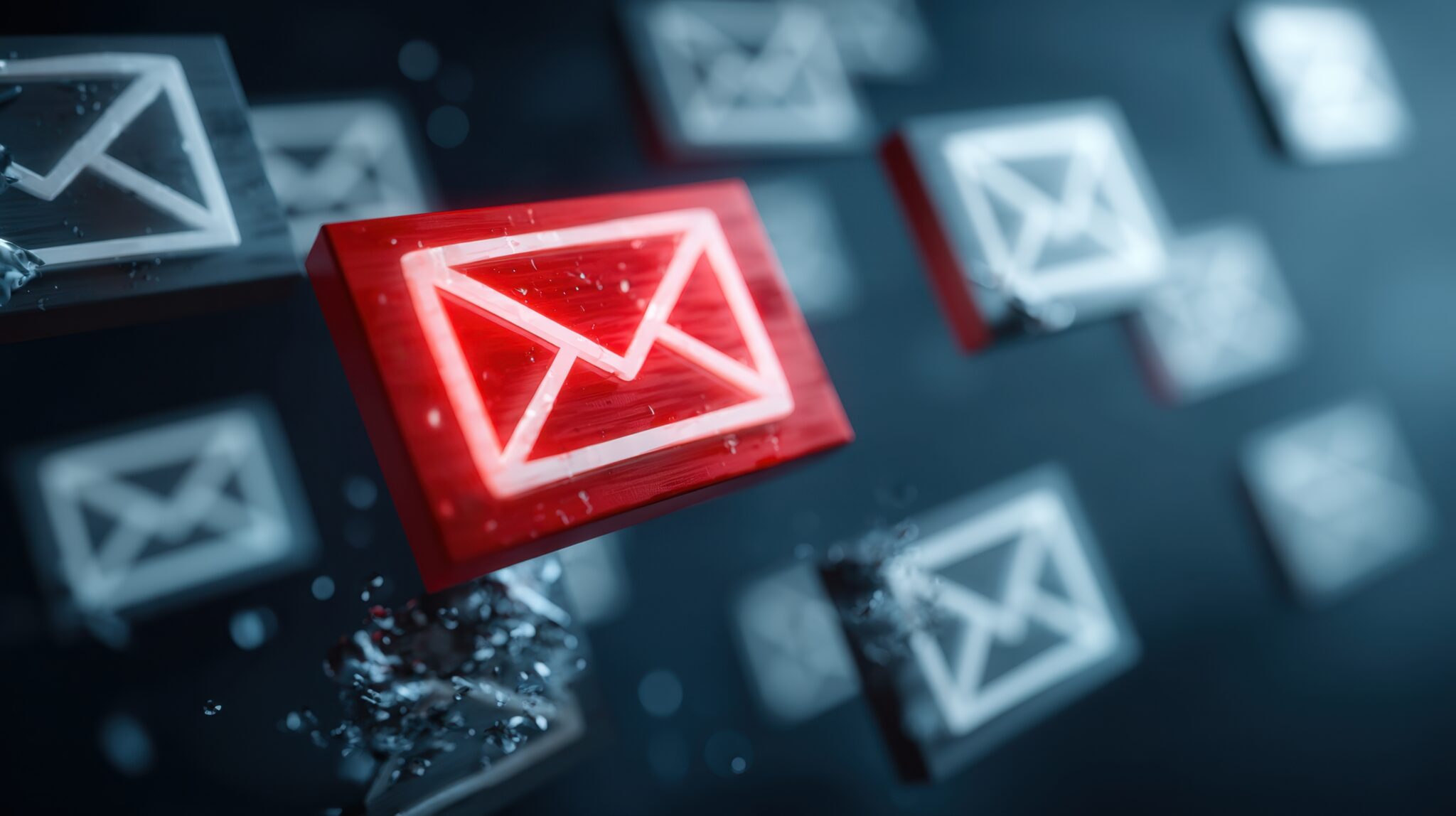 digital concept of email inbox flooded with unread messages and notifications in a futuristic environment