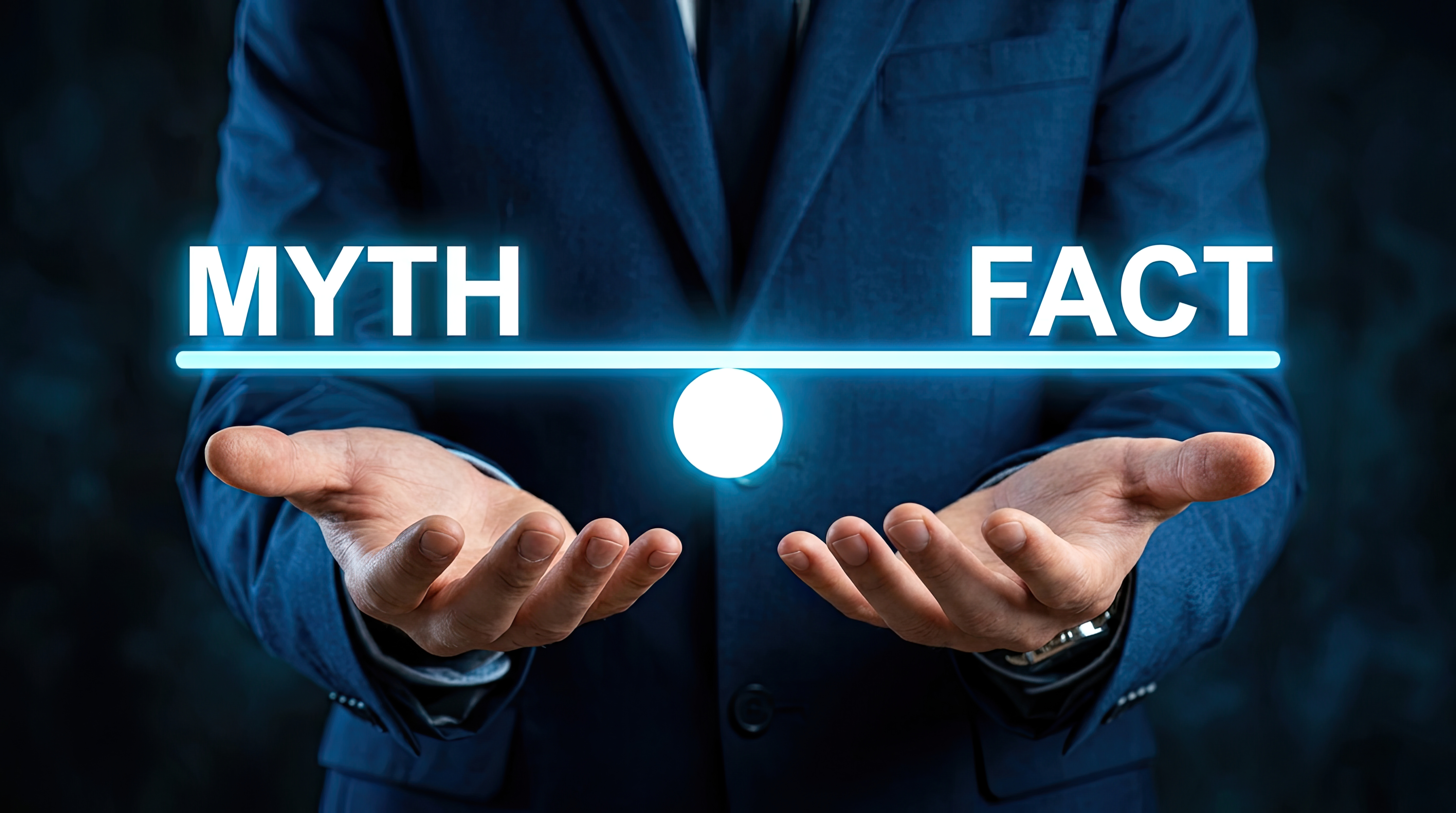 businessman holding myth and fact balance scale for truth verification information accuracy and fake news reality check