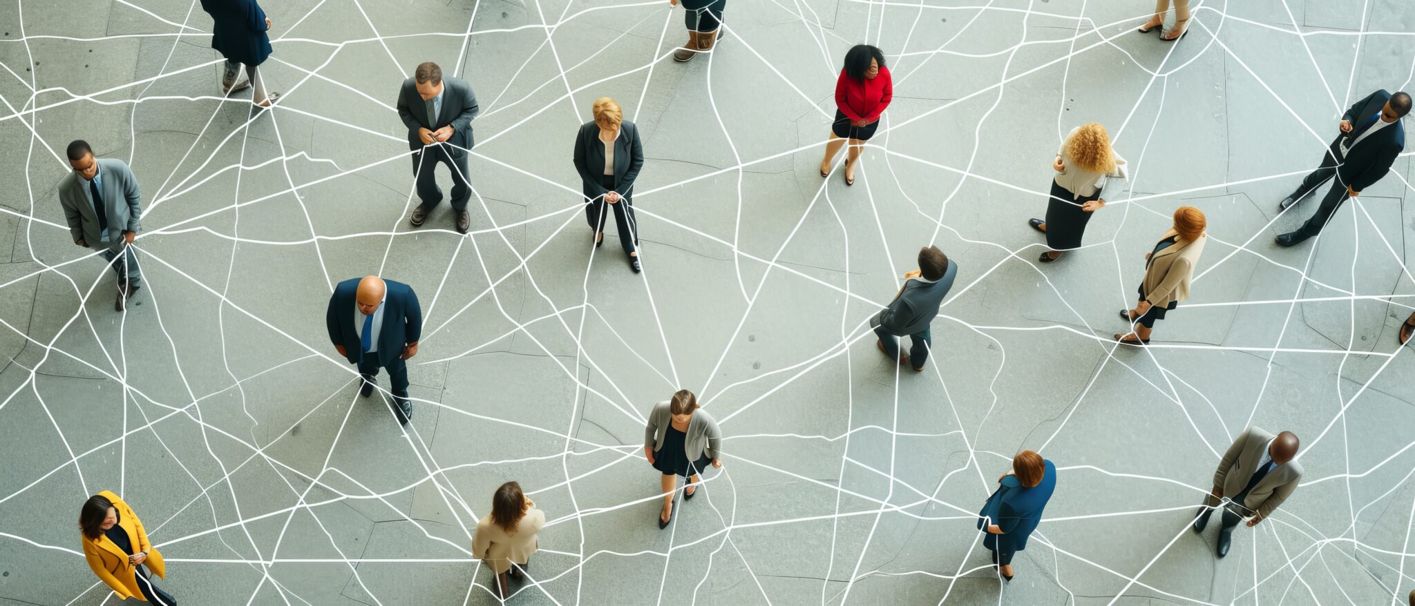 diverse businesspeople connected by network of lines, symbolizing global communication, teamwork, and collaboration in modern corporate world