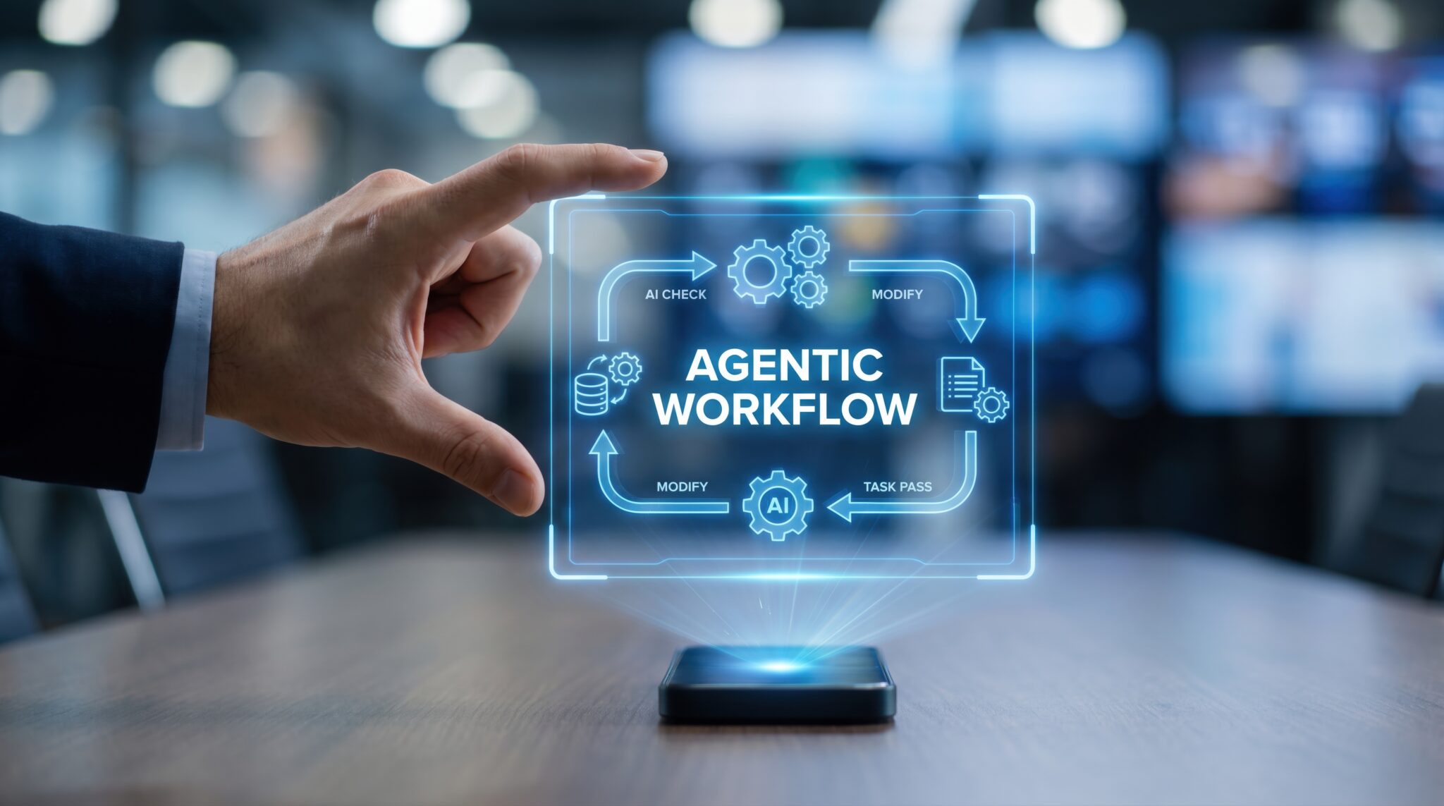 innovating business workflows with agentic ai automation displayed as a futuristic hologram in a modern office setting