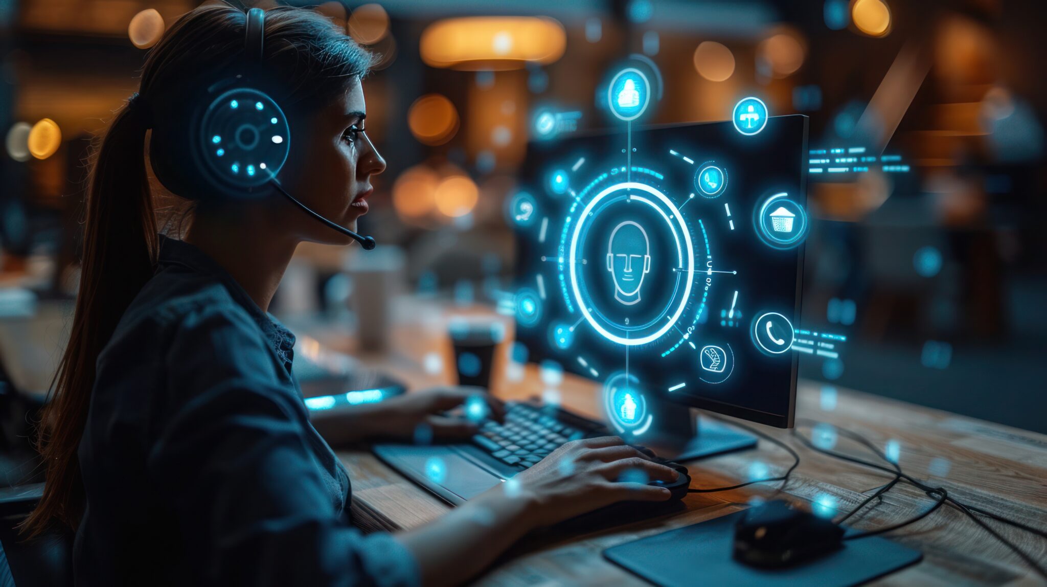 customer service support with communication icon technology concept. call center business technology button on virtual screen