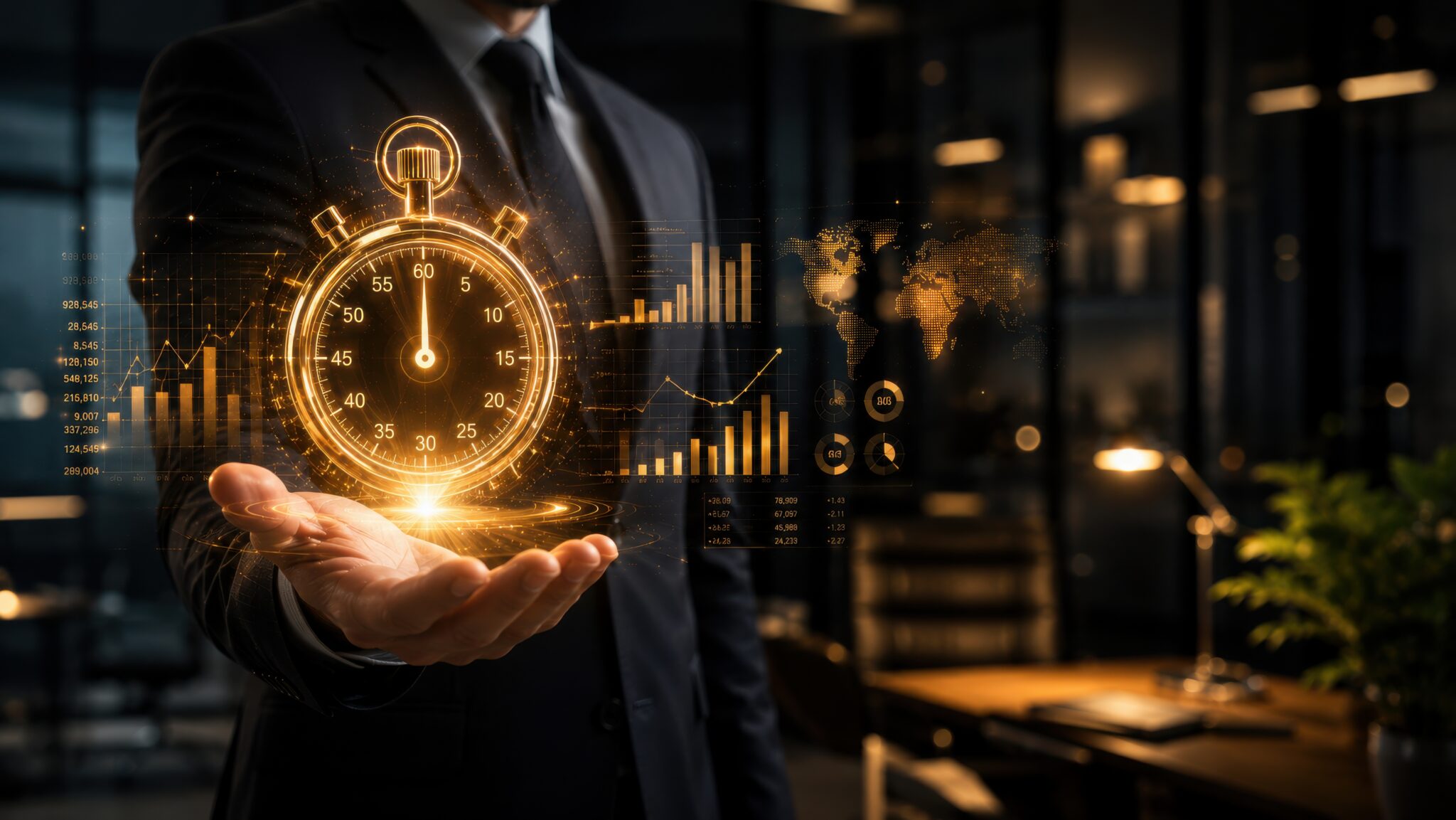 glowing golden stopwatch hologram over hand of businessman for wealth management and time investment.